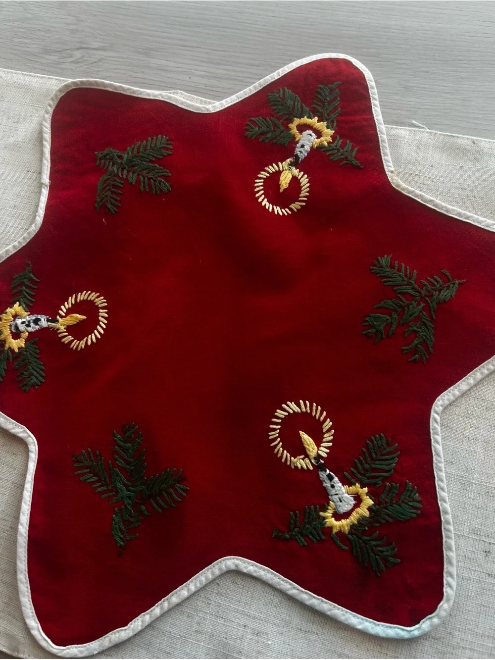 Embroidered Red Star Holiday Table Accent with Candle Motifs